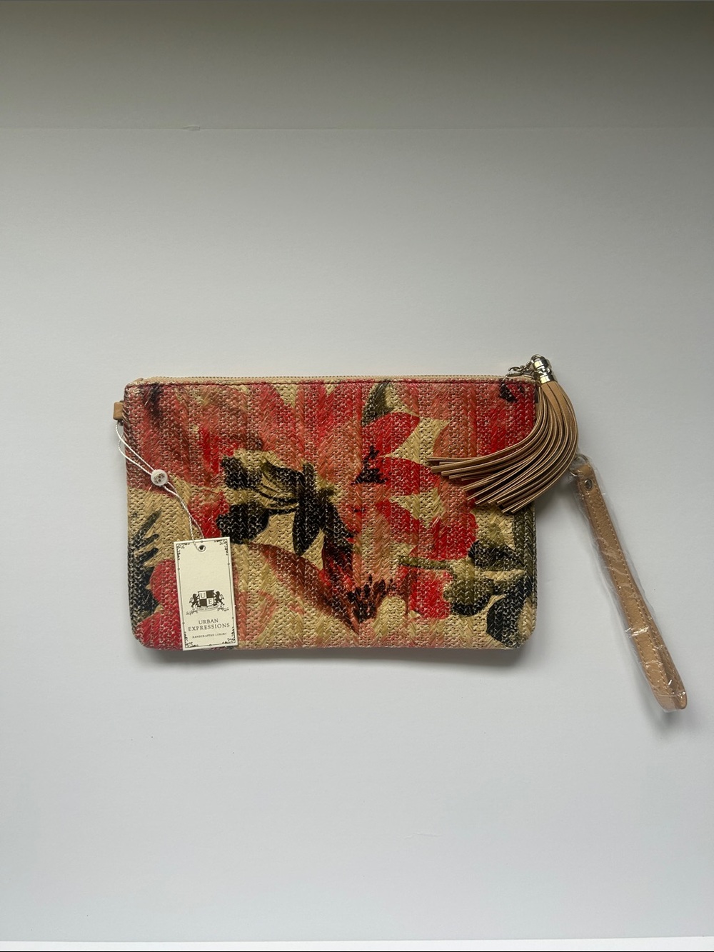 Floral Woven Wristlet Clutch in Red and Tan